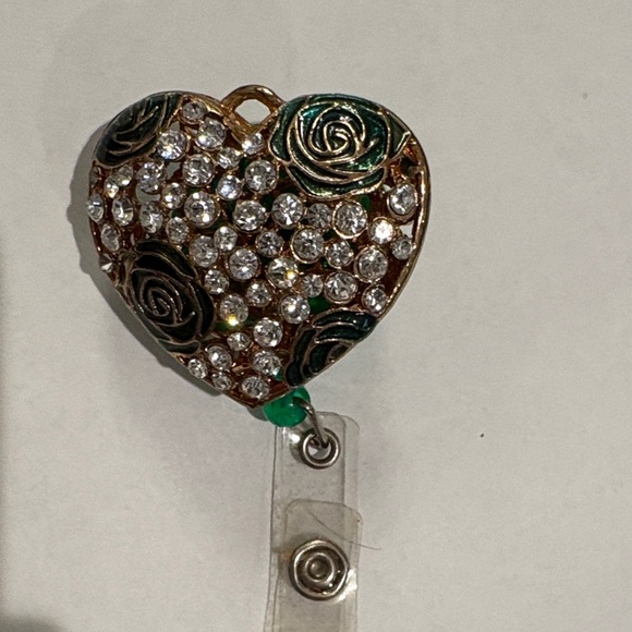 Hand Crafted Jewelry - Heart Shaped Rhinestone Badge Reel with Floral Design